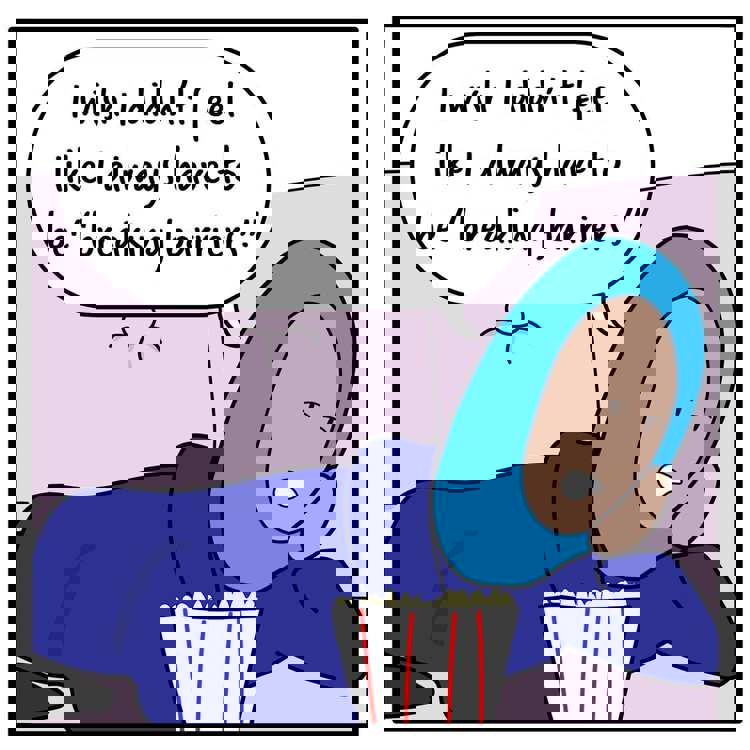 Illustration by Huda Fahmy of a female wearing blue clothes and a blue headscarf, lying on a sofa with popcorn. A speech bubble reads: I wish I didn't feel like I always have to be "breaking barriers."