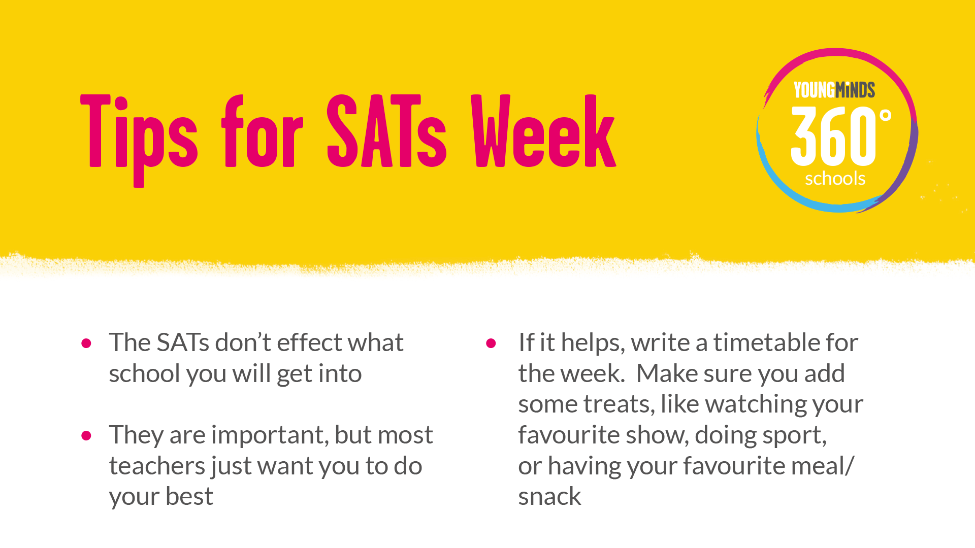An image of our 'Tips for SATs week' poster. The title at the top of the poster reads 'tips for SATs week'. Next to the title is our 360 schools logo.
