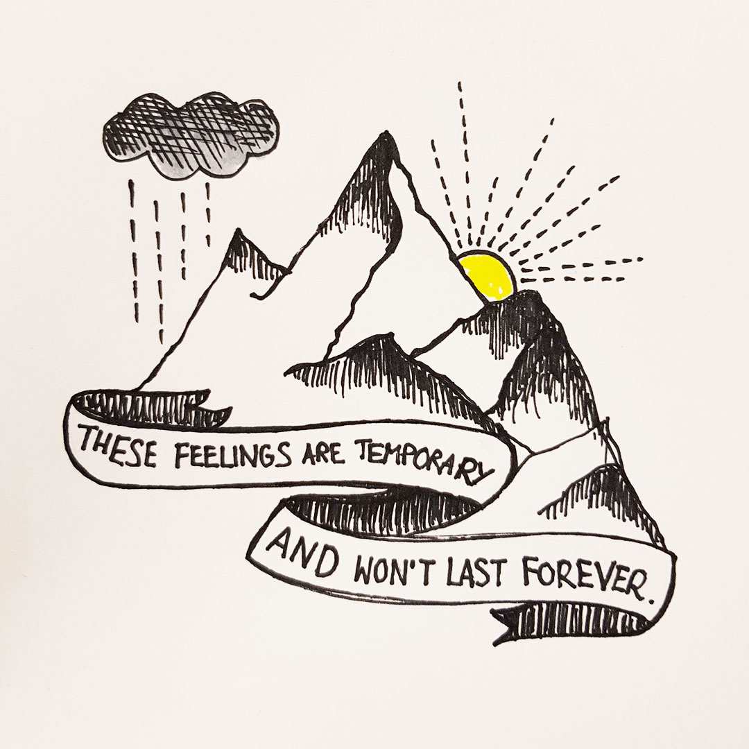 Instagram artwork by @youngmindsuk. Mountains and a yellow sun with text wrapped around that reads 'These Feelings Are Temporary And Won't Last Forever'.
