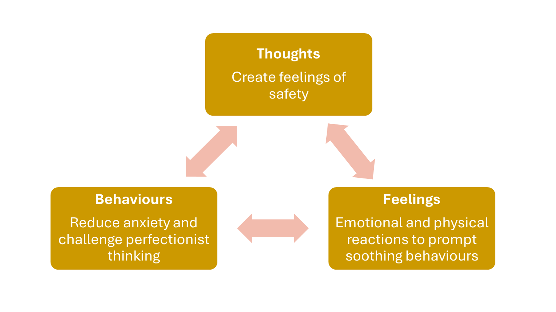 Three boxes connected by arrows to show a safety thought cycle. The first box reads, 'Thoughts create feelings of safety'. The second box reads, 'Feelings. Emotional and physical reactions to prompt soothing behaviours'. The third box reads, 'Behaviours. Reduce anxiety and challenge perfectionist thinking.'