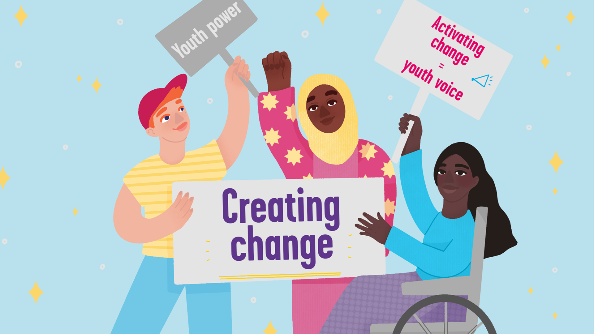 Three people holding a placard which says 'creating change'. The person on the left is holding a small placard 'youth power' with the person on the right in a wheelchair holding a placard 'activating change = youth voice'