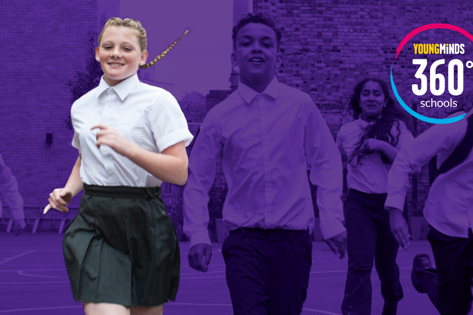 A group of five students in school uniform run towards the camera. The background and four of the students have a purple fade over them with one student highlighted in colour. Our 360 schools logo is on the top right hand side.