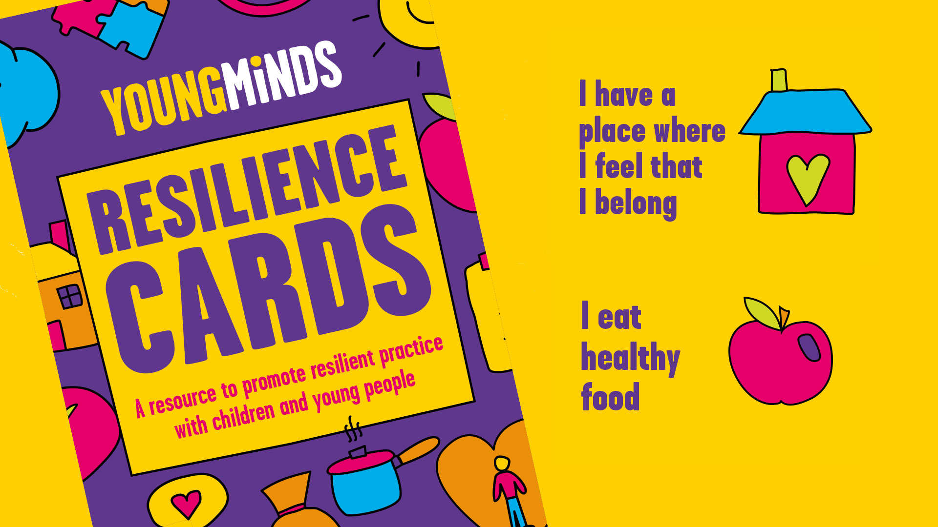 On the left is the cover of our resilience cards. To the right is a drawing of a pink house and apple. Next to the house it reads 'I have a place where I feel that I belong'. Next to the apple it reads 'I eat healthy food'.