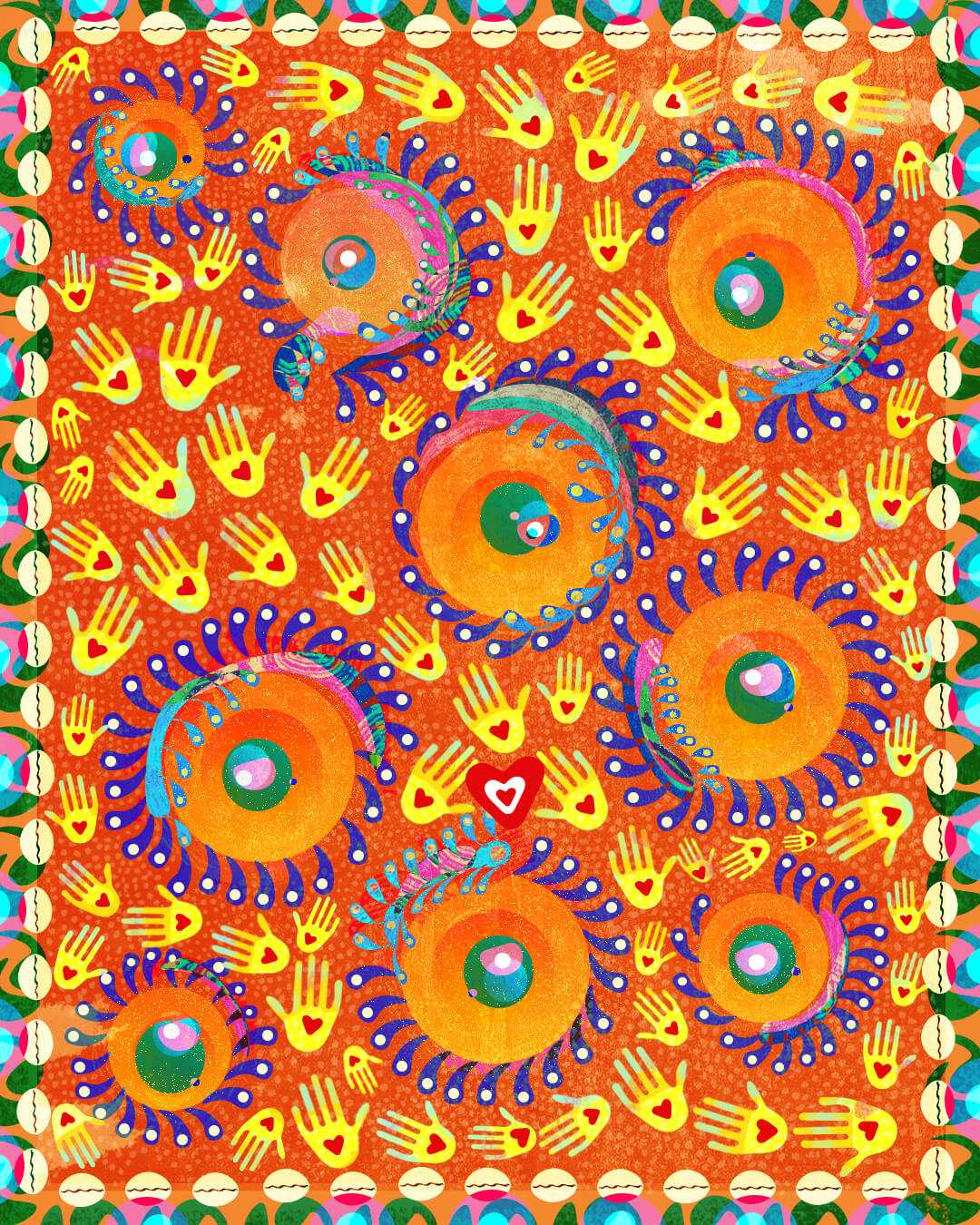 A brightly coloured art piece showing a chorus of loving hands circulating a group of orange, green and blue emblems, designed to signify the brightness of the sun.
