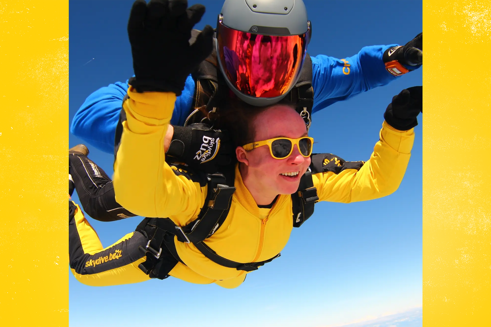 Our fundraiser Laura skydiving with an instructor.