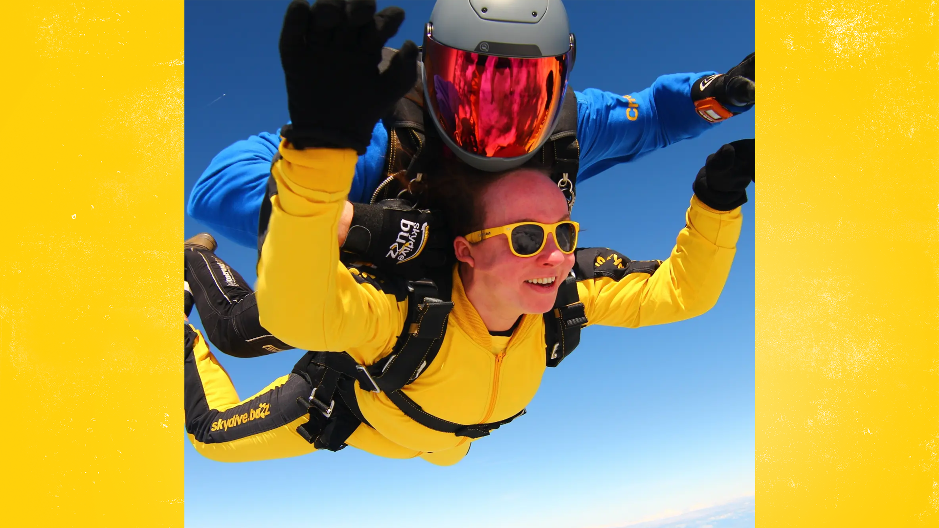 Our fundraiser Laura skydiving with an instructor.